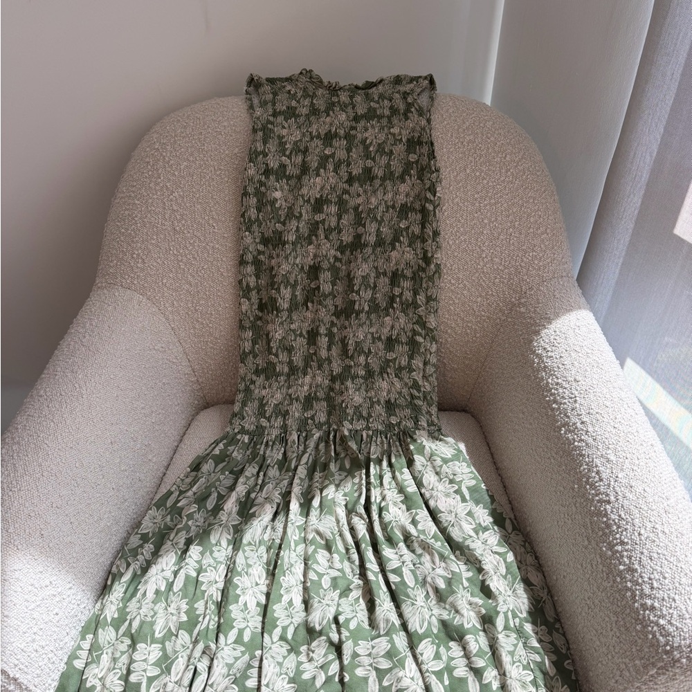Mulaya Green Floral Smocked Maxi Dress
